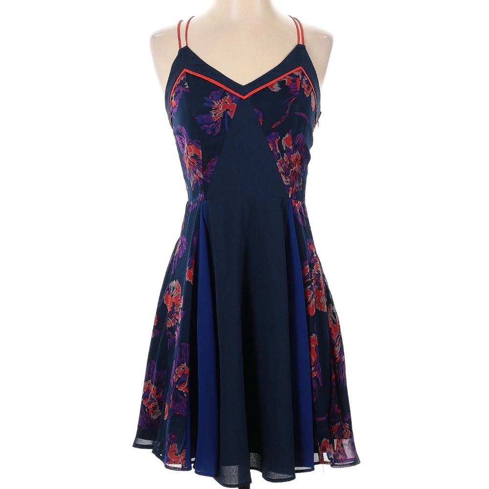 Greylin Navy & Floral Fit-and-Flare Dress – Size Small